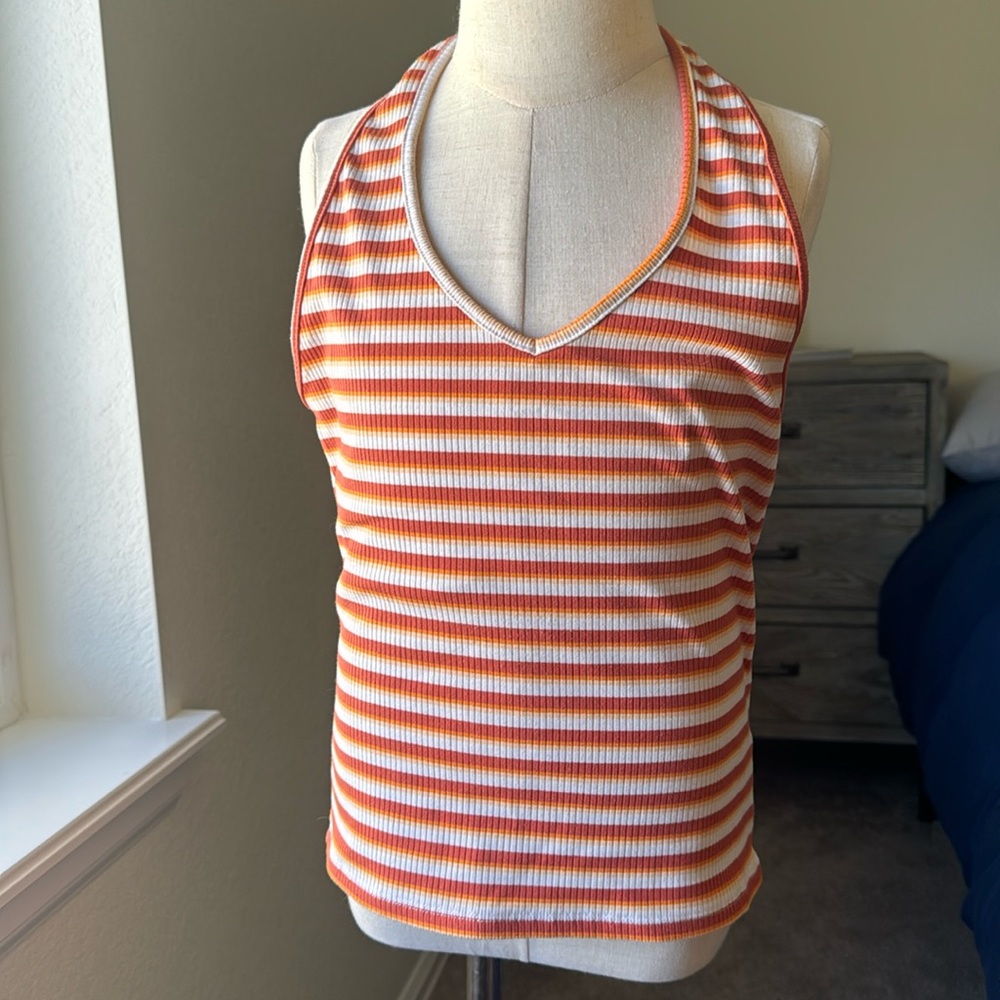 Burnt red, orange cream, yellow, and white halter top